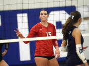 Kendall Mairs of Camas signals a play to teammates against Mount Rainier in the Class 4A volleyball bi-district tournament at Curtis High School in University Place on Friday, Nov. 15, 2024.