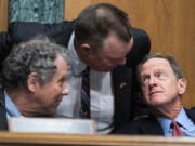 From left, Chairman Sherrod Brown, D-Ohio, Sen. Jon Tester, D-Mont., and ranking member Sen. Pat Toomey, R-Pa., are seen as Treasury Secretary Janet Yellen testified during the Senate Banking, Housing, and Urban Affairs Committee hearing titled The Financial Stability Oversight Council Annual Report to Congress, in Dirksen Senate Office Building in Washington on May 10, 2022 in Washington, DC.