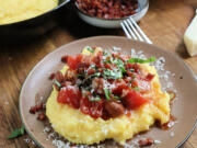 Cranberry beans simmered with tomato are a perfect match for a soft bed of cheesy polenta.