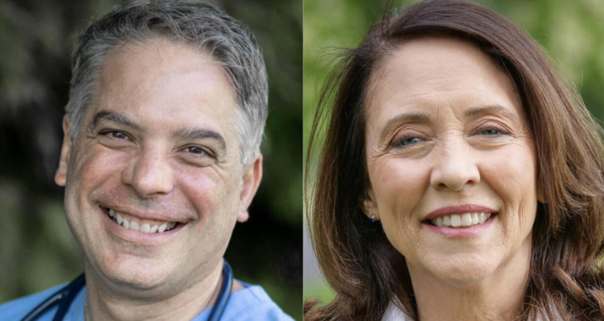 The candidates in the 2024 Washington state U.S. Senate race: Republican Raul Garcia, left, and incumbent Democratic U.S. Sen. Maria Cantwell.