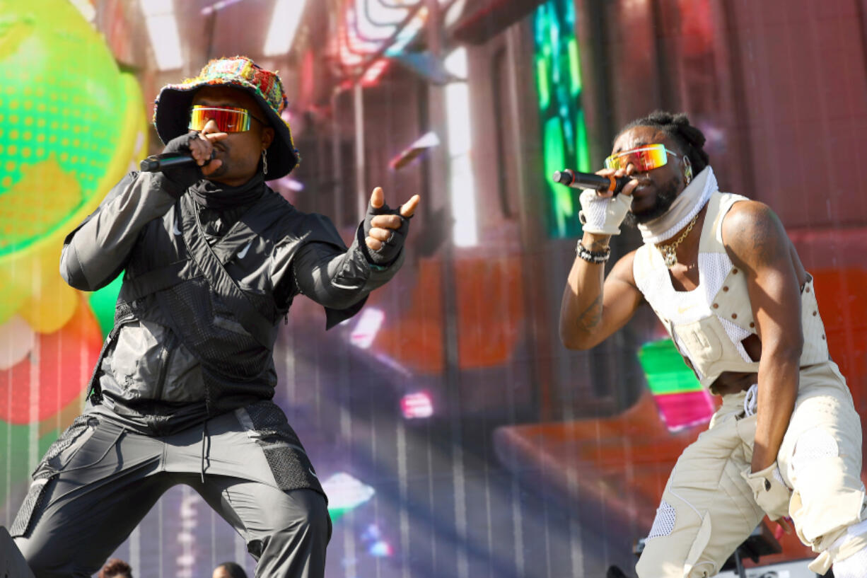 Doctur Dot (aka WowGr8), left, and Olu of Earthgang perform April 15, 2023, during the Coachella Valley Music and Arts Festival in Indio, Calif.