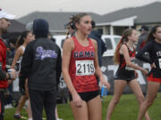 Eliisa Marshall of Camas catches her breath after finishing sixth in the Class 4A girls race at the WIAA State Cross Country Championships on Saturday, Nov. 9, 2024 at Sun Willows Golf Course in Pasco.