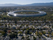 Apple Park&rsquo;s spaceship campus is seen from this drone view in Sunnyvale, California, on Monday, Oct. 21, 2019.