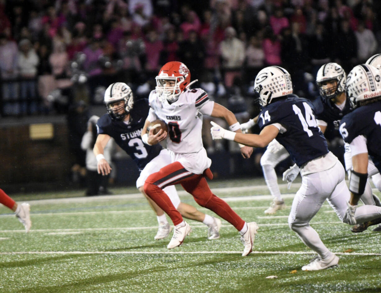 Jared Forner (0) of Camas returns a punt against Skyview during a 4A Greater St. Helens League football game at Kiggins Bowl on Friday, Nov. 1, 2024.