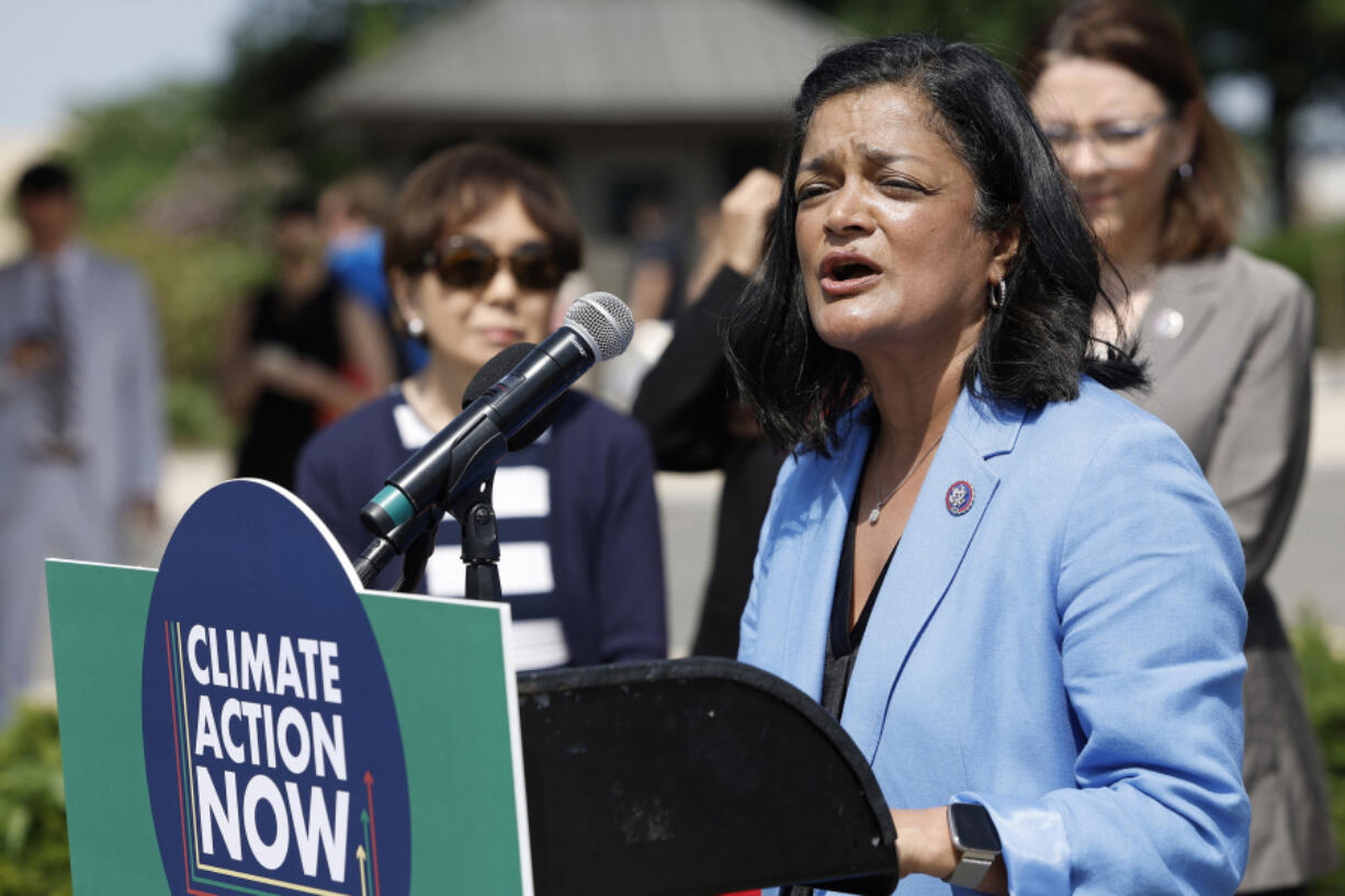 Rep. Pramila Jayapal (D-WA) speaks at a news conference outside of the U.S. Capitol Building on Thursday, June 16, 2022, in Washington, D.C. During the news conference on climate action, House members spoke on the need to increase clean energy investments and be less reliant on foreign oil.