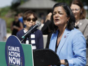 Rep. Pramila Jayapal (D-WA) speaks at a news conference outside of the U.S. Capitol Building on Thursday, June 16, 2022, in Washington, D.C. During the news conference on climate action, House members spoke on the need to increase clean energy investments and be less reliant on foreign oil.