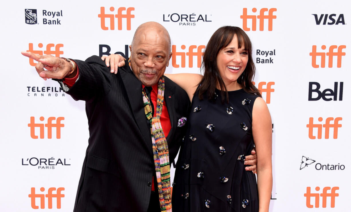 Quincy Jones, left, and Rashida Jones attend the &ldquo;Quincy&rdquo; premiere Sept. 9, 2018, during 2018 Toronto International Film Festival at Princess of Wales Theatre in Toronto.