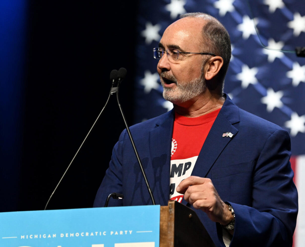 UAW President Shawn Fain speaks during a rally for the Michigan Democrats at MotorCity Casino, Sound Board Theater in Detroit on Election Day, Tuesday, Nov. 5, 2024.