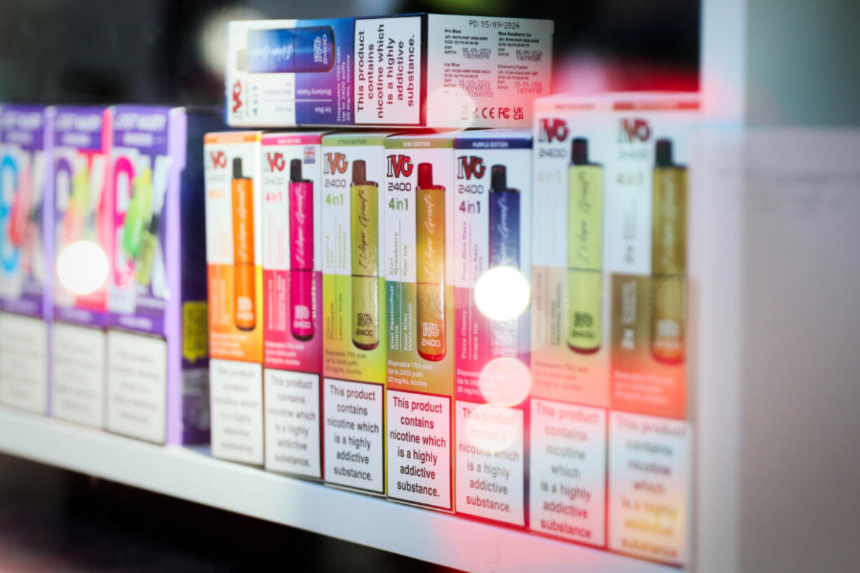 Single-use disposable vapes are displayed for sale on Oct. 27, 2024, in London, England. The UK Government ban on the sale and supply of single-use vapes in England comes into force on 1 June 2025.