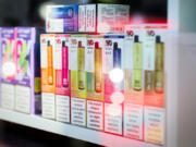 Single-use disposable vapes are displayed for sale on Oct. 27, 2024, in London, England. The UK Government ban on the sale and supply of single-use vapes in England comes into force on 1 June 2025.