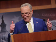 U.S. Senate Majority Leader Charles Schumer (D-NY) speaks on the National Security Supplemental Bill during a press conference at the U.S. Capitol on Feb.13, 2024, in Washington, D.C. The bill, which received contentious debate and months of negotiations in the Senate, provides military aid to Ukraine, Israel and Taiwan but is expected to be received with uncertainty in the House of Representatives.