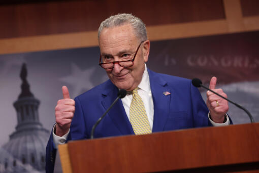 U.S. Senate Majority Leader Charles Schumer (D-NY) speaks on the National Security Supplemental Bill during a press conference at the U.S. Capitol on Feb.13, 2024, in Washington, D.C. The bill, which received contentious debate and months of negotiations in the Senate, provides military aid to Ukraine, Israel and Taiwan but is expected to be received with uncertainty in the House of Representatives.