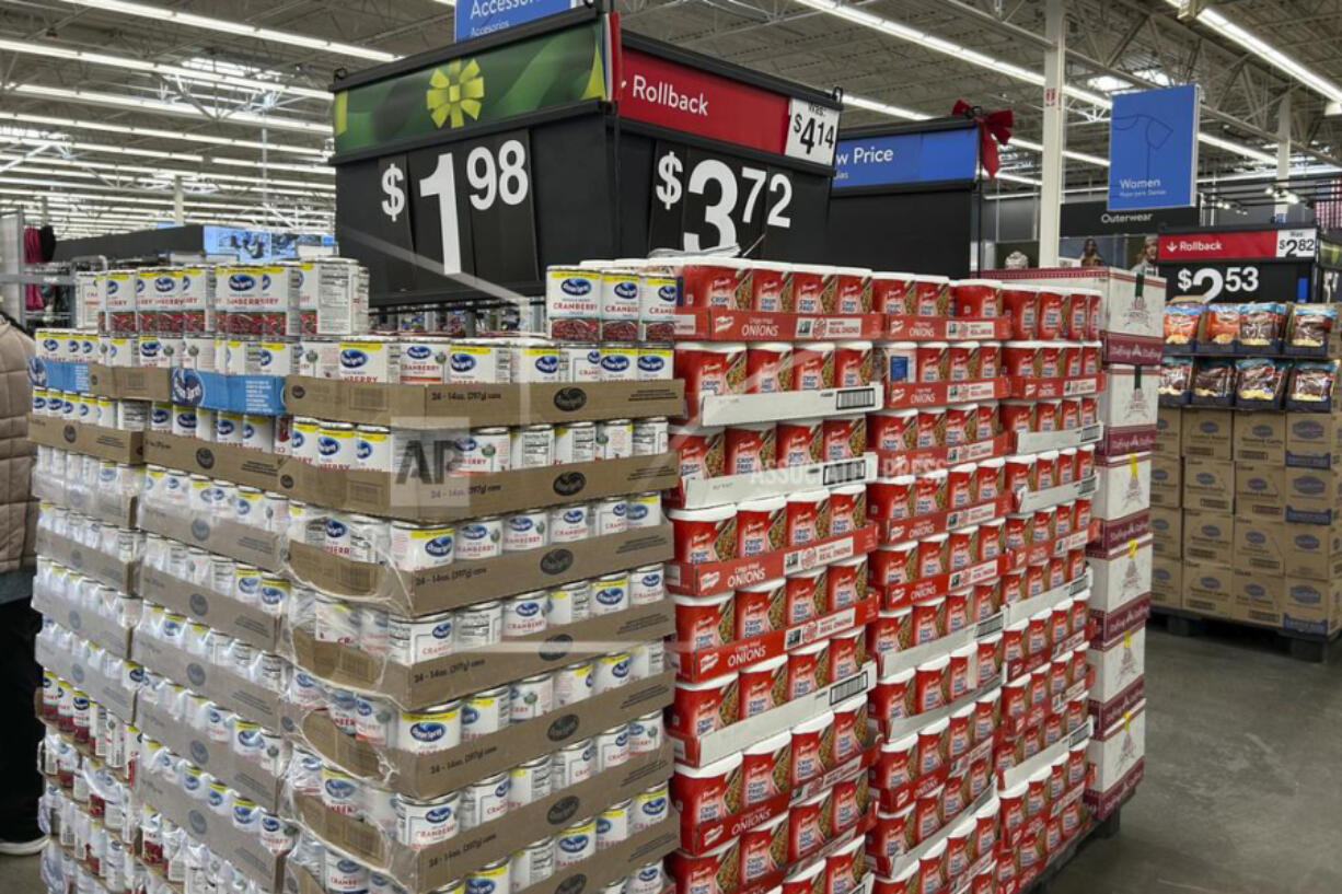 Items to include in holiday dinners are displayed at a Walmart store in Secaucus, N.J., on Wednesday, Nov. 13, 2024.