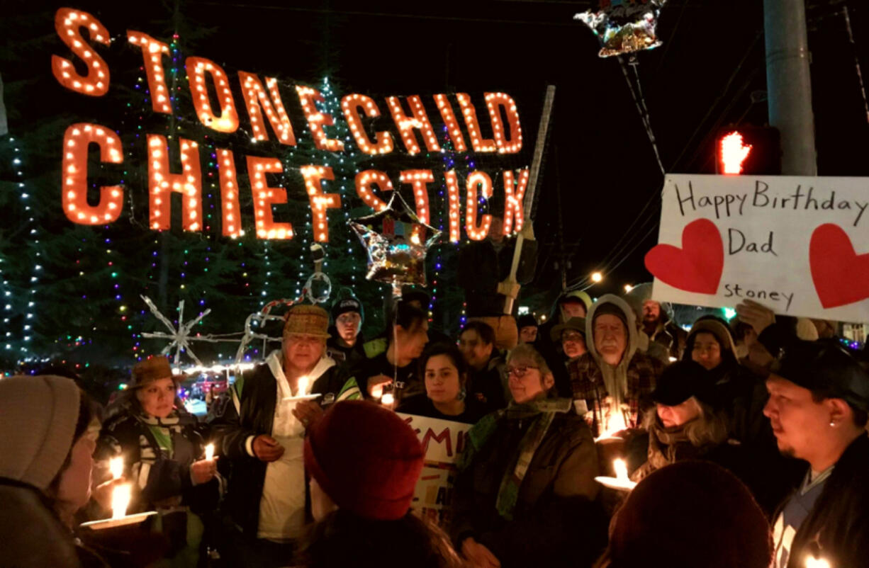 Family, friends and community members gathered at a 2019 vigil in remembrance of Stonechild Chiefstick, who was shot to death by a Poulsbo, Washington, police officer after a confrontation earlier that year. Chiefstick&rsquo;s case is one of five under review by the new Washington Office of Independent Investigations, which is considering whether to open a new investigation.