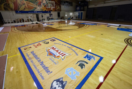 Workers set up banners and signs at Lahaina Civic Center, the venue for the Maui Invitational at Lahaina, Hawai&rsquo;i. The Maui Invitational is back in Lahaina, where eight of the NCAA&rsquo;s top men&rsquo;s basketball teams will compete in a three-day tournament beginning Monday. (Mengshin Lin/Associated Press)