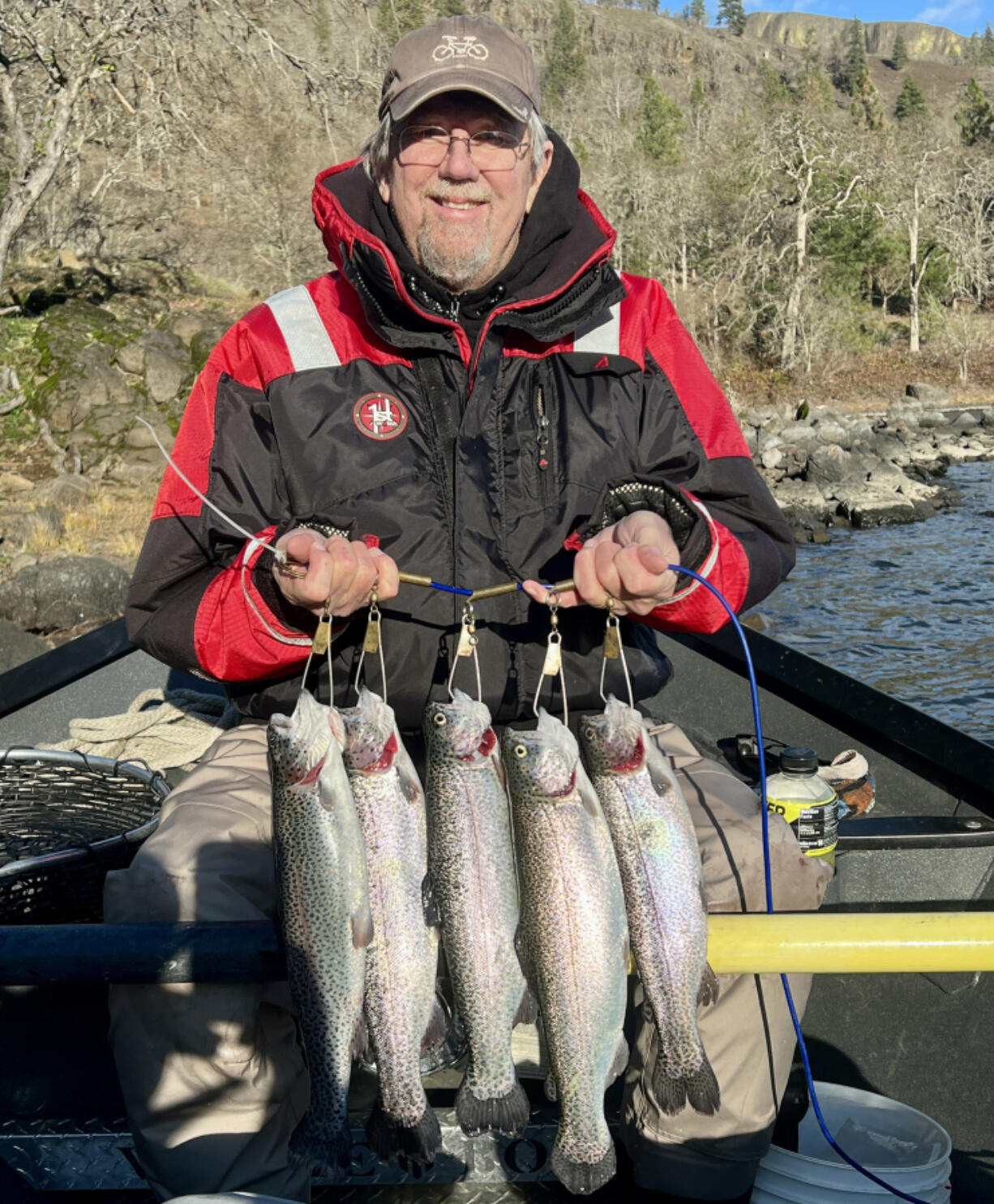 Tom Fritsch with a limit of dandy Black Friday trout taken last December at Rowland Lake while fishing with Buzz Ramsey. Several local lakes will be stocked with &igrave;jumbo&icirc; size rainbow trout ahead of Black Friday.