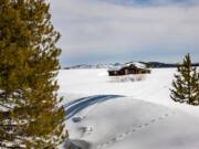 A cabin in a snowdrift in Steamboat Lake State Park.