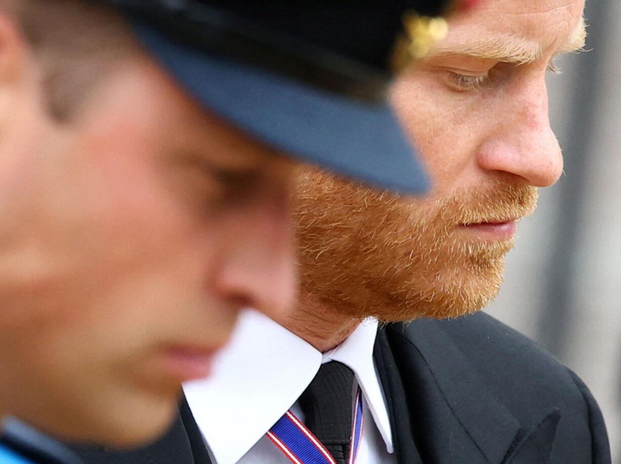 Britain&rsquo;s Prince William, Prince of Wales, left, and Britain&rsquo;s Prince Harry, Duke of Sussex attend the State Funeral of Britain&rsquo;s Queen Elizabeth II in London on Sept. 19, 2022.