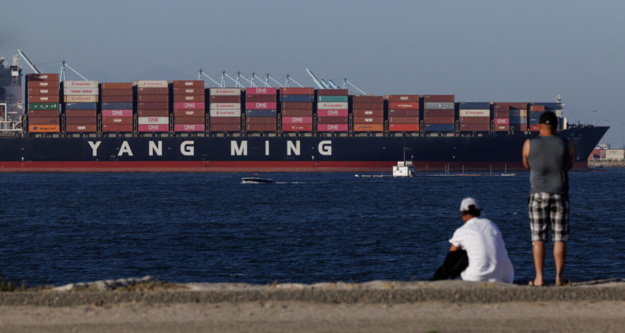 A cargo ship leaves the Port of Los Angeles and heads out to sea on June 25, 2024, in San Pedro, California.