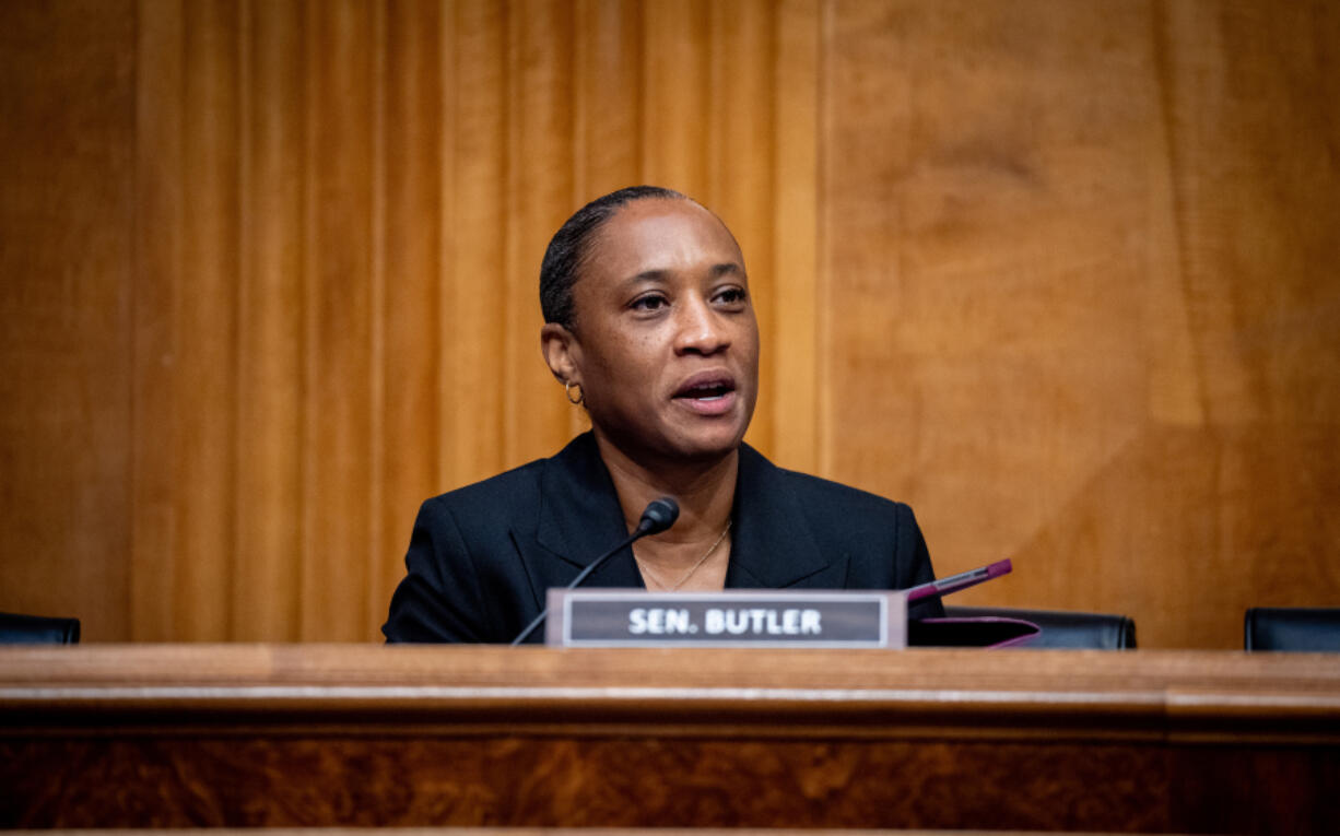 U.S. Sen. Laphonza Butler, D-Calif., speaks as U.S. Homeland Security Secretary Alejandro Mayorkas appears at a Senate Homeland Security and Governmental Affairs committee hearing on the department&rsquo;s budget request on Capitol Hill on April 18, 2024, in Washington, D.C.