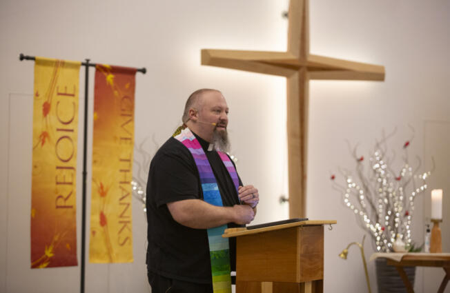 Rev. Steve King leads a Transgender Day of Remembrance service at Vancouver United Church of Christ on Sunday. King said the church aims to be open and affirming. &ldquo;We don&rsquo;t think that you are sinning because you are outside of the binary that we always talk about,&rdquo; he said.