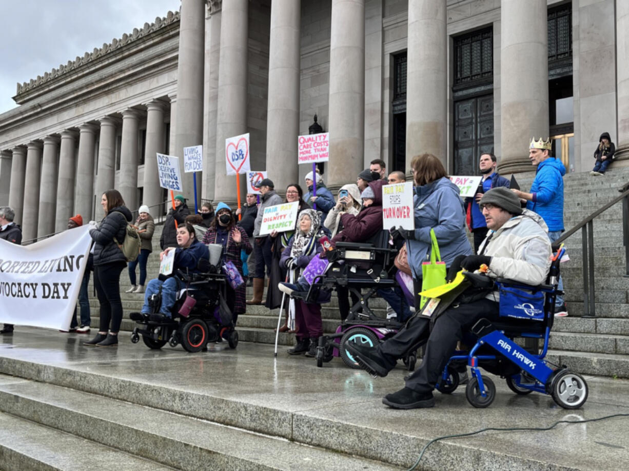 Advocates for people with intellectual and developmental disabilities rallied on the state capitol steps on Jan. 17. The group asked for rate increases for support staff and more funding for affordable housing.