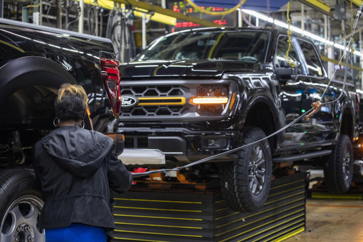 The new Ford F-150 truck goes through the assembly line at the Ford Dearborn Plant on April 11, 2024, in Dearborn, Michigan.