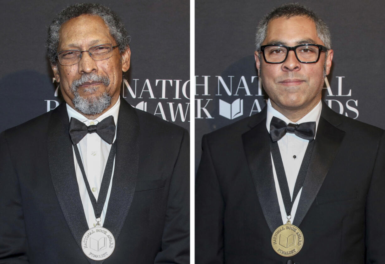 Authors Percival Everett, left, and Jason De Leon attend the 75th National Book Awards ceremony Wednesday at Cipriani Wall Street in New York.