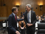 Federal Aviation Administration (FAA) Administrator Mike Whitaker, right, is greeted by Sen. Richard Blumenthal, D-Conn., left, before testifying at a Senate Committee on Homeland Security and Governmental Affairs, Subcommittee on Investigations, hearing on the FAA's oversight of Boeing, on Capitol Hill in Washington, Wednesday, Sept. 25, 2024.