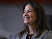 Republican gubernatorial candidate Kelly Ayotte, who faces Democrat Joyce Craig in the November 2024 election, during a visit to a local concrete coating business, Wednesday, Oct. 16, 2024, in Manchester, N.H.