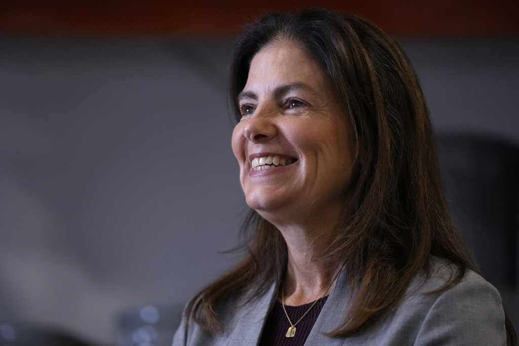 Republican gubernatorial candidate Kelly Ayotte, who faces Democrat Joyce Craig in the November 2024 election, during a visit to a local concrete coating business, Wednesday, Oct. 16, 2024, in Manchester, N.H.