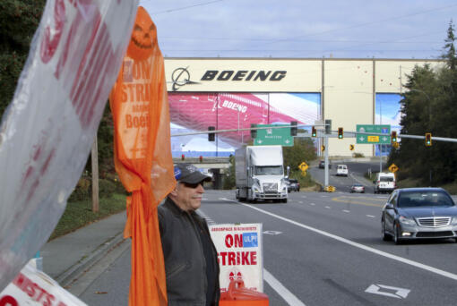 Union machinist Terry Muriekes waves a Halloween-decorated strike sign by Boeing's Everett, Wash., factory on Tuesday, Oct. 22, 2024.