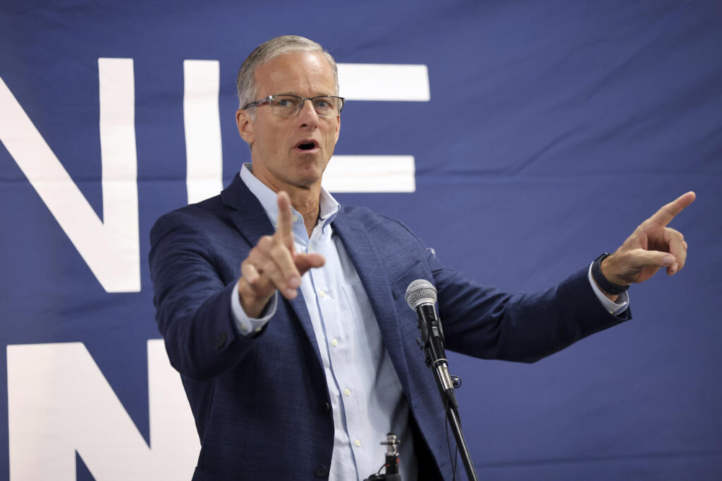 Sen. John Thune of South Dakota, speaks in support of Ohio Republican candidate for the United States Senate, Bernie Moreno (not pictured) during a bus tour stop for the Ohio Senate race in Columbus, Ohio, Monday, Oct. 28, 2024.