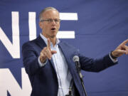 Sen. John Thune of South Dakota, speaks in support of Ohio Republican candidate for the United States Senate, Bernie Moreno (not pictured) during a bus tour stop for the Ohio Senate race in Columbus, Ohio, Monday, Oct. 28, 2024.