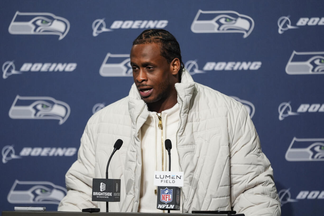 Seattle Seahawks quarterback Geno Smith speaks during a press conference after an NFL football game against the Los Angeles Rams, Sunday, Nov. 3, 2024, in Seattle.