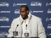 Seattle Seahawks quarterback Geno Smith speaks during a press conference after an NFL football game against the Los Angeles Rams, Sunday, Nov. 3, 2024, in Seattle.