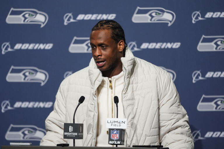 Seattle Seahawks quarterback Geno Smith speaks during a press conference after an NFL football game against the Los Angeles Rams, Sunday, Nov. 3, 2024, in Seattle.