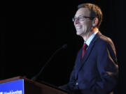 Democratic Washington gubernatorial candidate Attorney General Bob Ferguson smiles while speaking at the Washington State Democrats watch party on Election Day, Tuesday, Nov. 5, 2024, in Seattle.