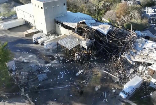 This image taken from video from WHAS 11 News shows damage after an explosion injured multiple employees at Givaudan Sense Color, Tuesday, Nov. 12, 2024, in Louisville, Ky.