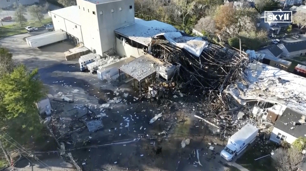 This image taken from video from WHAS 11 News shows damage after an explosion injured multiple employees at Givaudan Sense Color, Tuesday, Nov. 12, 2024, in Louisville, Ky.