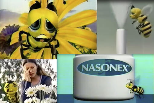 This combination of images from video shows scenes from Nasonex television commercials broadcast in the U.S. in the 2000s.