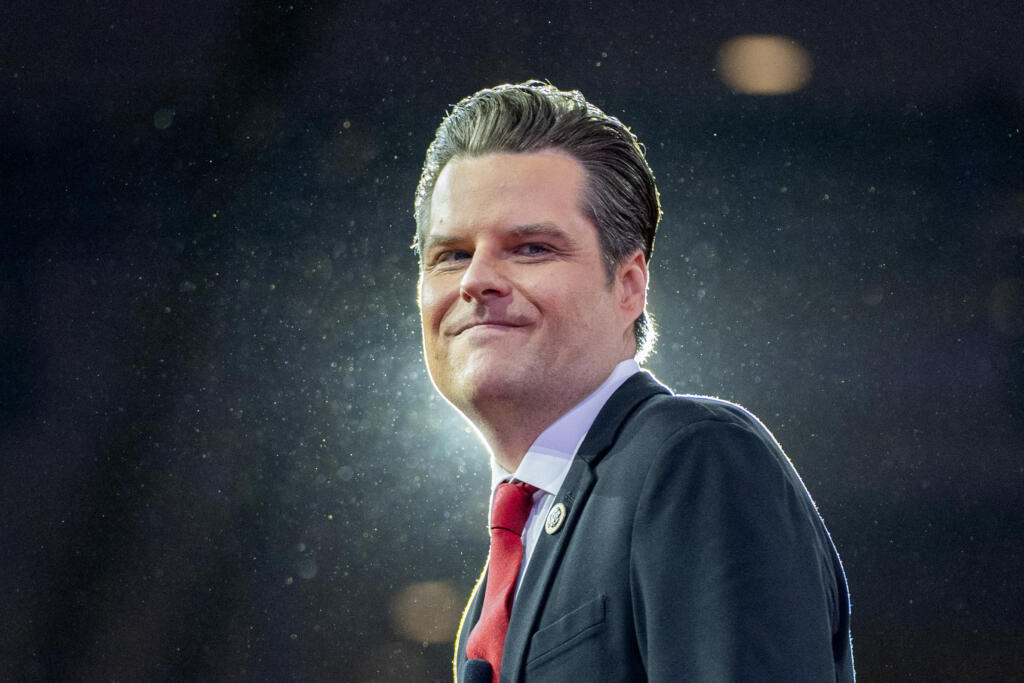 FILE - Rep. Matt Gaetz, R-Fla., departs after speaking during the Conservative Political Action Conference, CPAC 2024, at the National Harbor, in Oxon Hill, Md., Feb. 23, 2024.