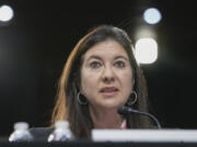 FILE - Adriana Kugler of Maryland, speaks during the Senate Banking, Housing, and Urban Affairs Committee hearing to examine her nomination to be a member of the Board of Governors of the Federal Reserve System, June 21, 2023, on Capitol Hill in Washington.