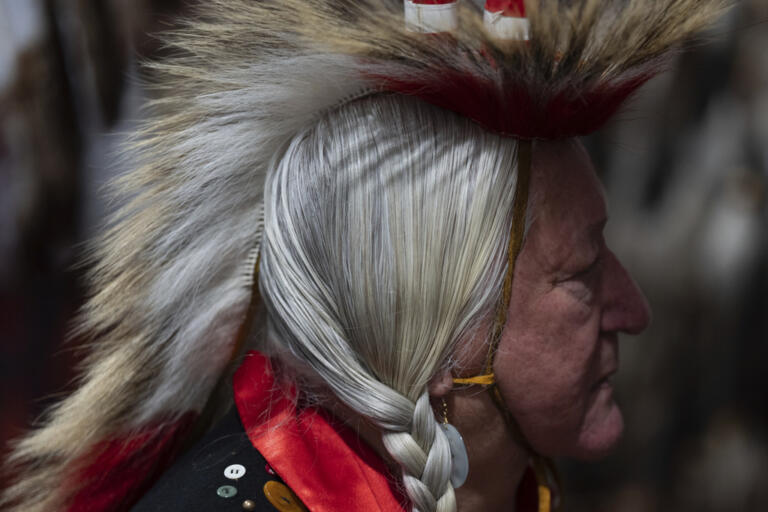 Stuart Whitehead dances during a powwow at Chinook Winds Casino Resort, Saturday, Nov. 16, 2024, in Lincoln City, Ore.