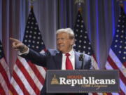 President-elect Donald Trump speaks as he arrives for a meeting with the House GOP conference, Wednesday, Nov. 13, 2024, in Washington.