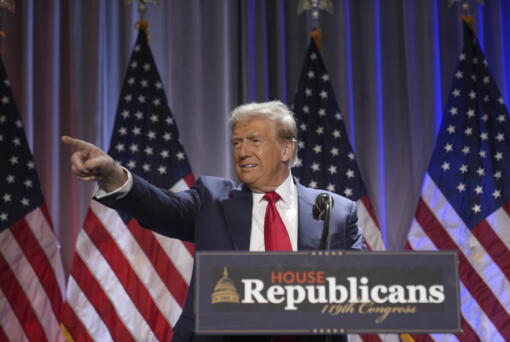 President-elect Donald Trump speaks as he arrives for a meeting with the House GOP conference, Wednesday, Nov. 13, 2024, in Washington.