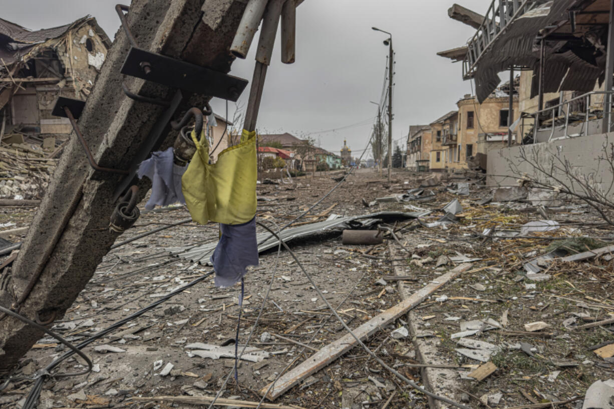 A central streets covered in debris from destroyed residential buildings after Russian bombing in Kurakhove, Donetsk region, Ukraine, on Nov. 7, 2024.