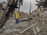 A central streets covered in debris from destroyed residential buildings after Russian bombing in Kurakhove, Donetsk region, Ukraine, on Nov. 7, 2024.