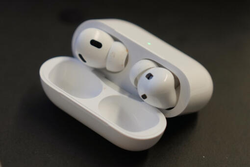 A pair of Apple AirPods Pro 2 are displayed on a table at Brooklyn College&rsquo;s audiology clinic in New York on Oct. 22, 2024.