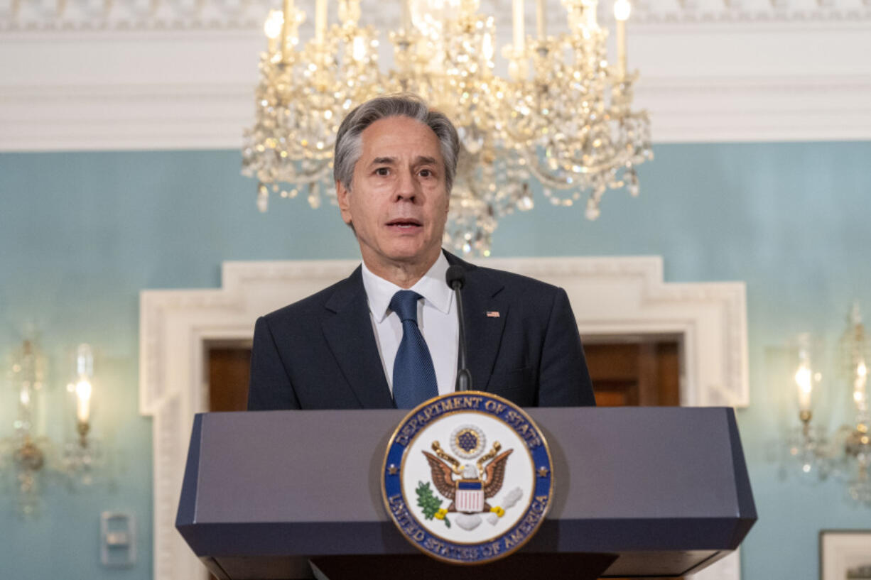 Secretary of State Antony Blinken speak during an event with Secretary of Commerce Gina Raimondo on the Economic Benefits of U.S. Travel and Tourism on Tuesday, Oct. 29, 2024 at the State Department in Washington.